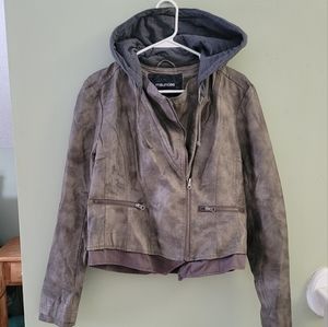 Women's Large Hooded Faux Leather Army Green Jacket